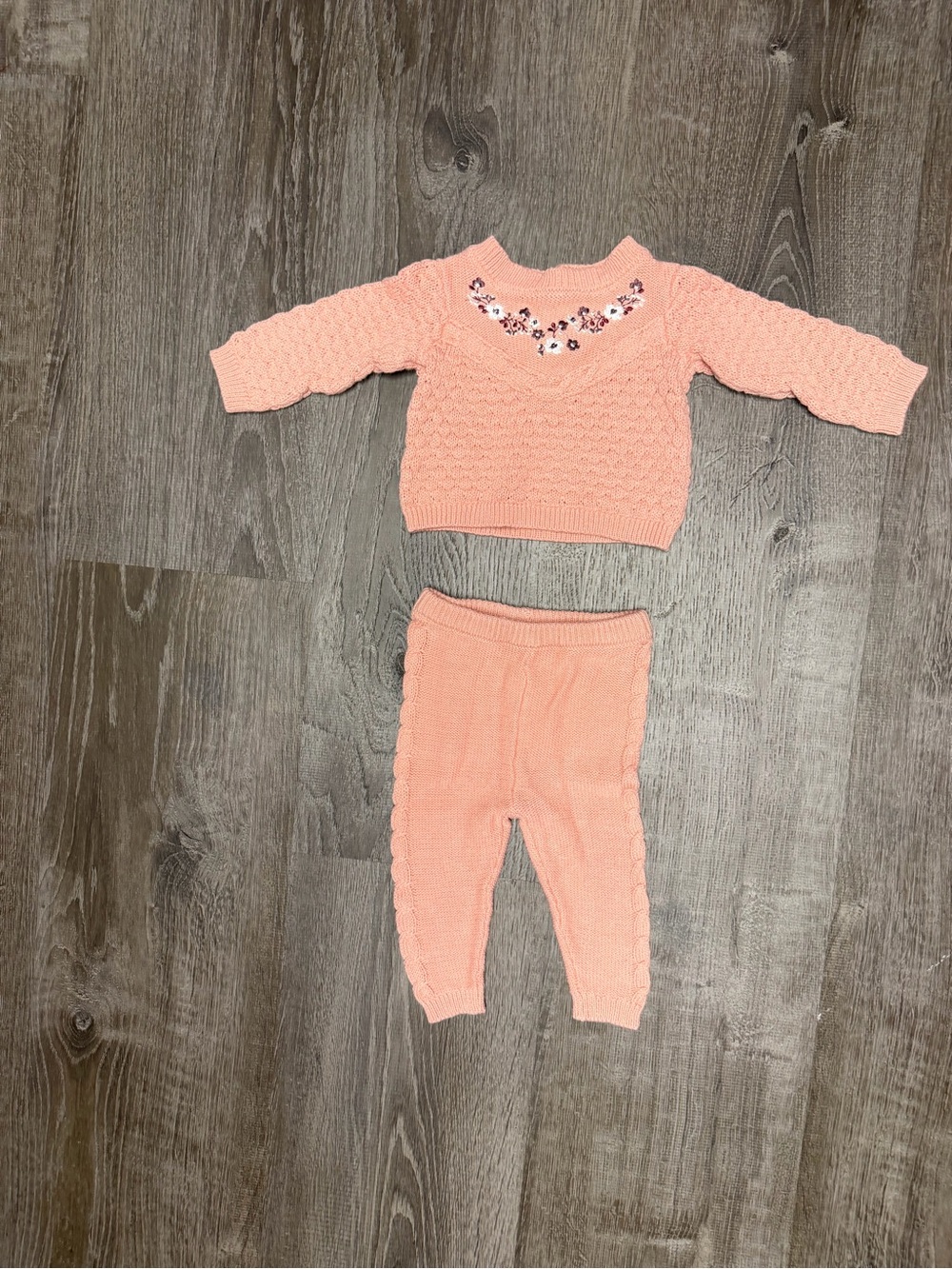 Nicole Miller Peach Knit Two-Piece Pajama Set with Floral Embroidery